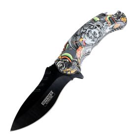 Defender-Xtreme 8.5" Snake Skull Spring Assisted Folding Knife With Belt Clip