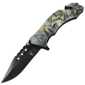 TheBoneEdge 8" Wolf Wildlife Folding Spring Assisted Knife Staineless Steel