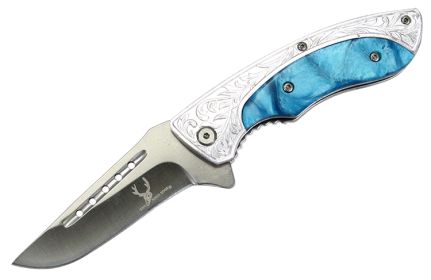 8" The Bone Edge Silver Engraved Spring Assisted Knife