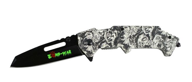 8" Zomb War Spring Assisted Clip Point Knife with Glass Breaker Zombie Handle