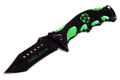8" Zombie Killer Black & Green Spring Assisted Knife with Belt Clip