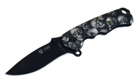 8" ZWAR Gray & Black Skull Design Zombie  Spring Assisted Knife with Belt Clip